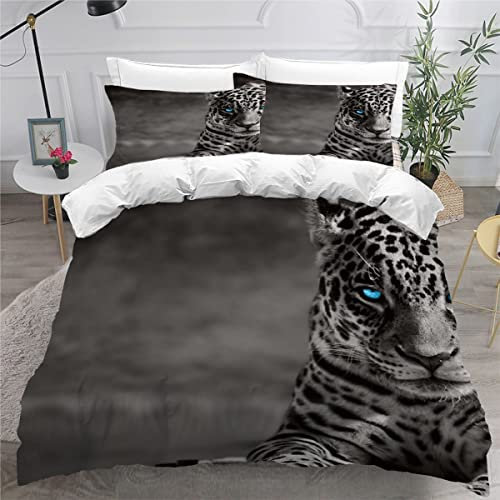 ZLKEJI Bettwäsche Set Schwarz-WeißEr Tigerleopard 135x200cm BlauäUgiger Tiger Bettbezug Lustiges Tier 3D Bedruckte Betten für Kinder Jungen Mädchen Thema Raumdekor Kuschelig, 135x200+80x80cm