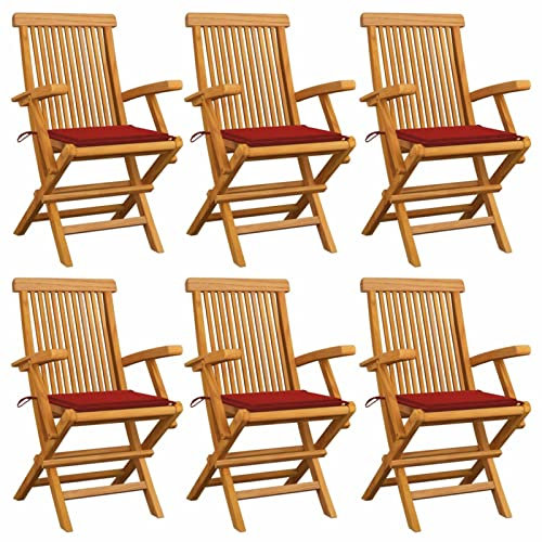 Chenshu Gartenstühle mit Roten Kissen, Gartenmöbel, Balkonstühle, Hochlehner, Balkonmöbel, Bistrostuhl, Garten Stühle, Sit Möbel, Armlehnenstuhl, 6 STK. Massivholz Teak