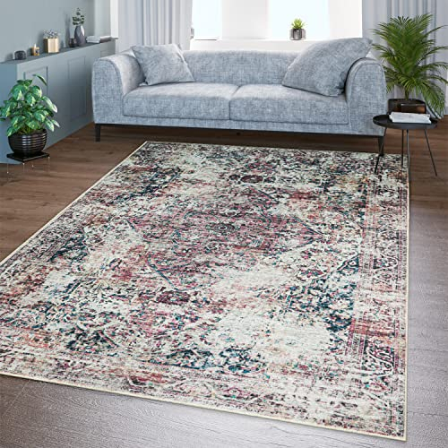 TT Home Wohnzimmer Teppich Flachgewebe Marokkanisch Design Used Look Ornamente Waschbar, Farbe:Bunt, Größe:120x160 cm