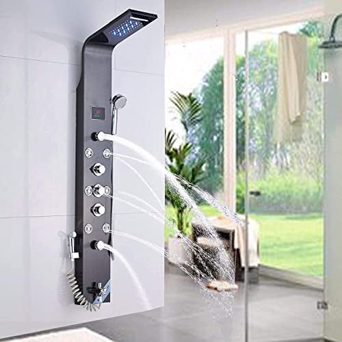 LED Duschpaneel aus rostfreiem Edelstahl mit Bidet-Funktion, Wanneneinlauf, Temperaturanzeige und 8 Massagedüsen Farbe: Schwarz