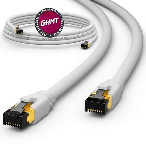 HB-DIGITAL Cable de red S/FTP LSZH, 7,5 m, CAT 8.1, 40 Gbit/s, cable de red LAN con conector RJ45, cable de datos Ethernet, 40.000 Mbit/s+certificado GHMT, color blanco