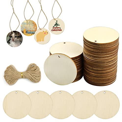 Hyakoz 50 Pezzi Dischi Legno con Foro 5cm Decorazioni Natalizie Piccole Legno Fette per Artigianato, DIY, Pittura e Decorazioni(Corda di canapa da 20 m)
