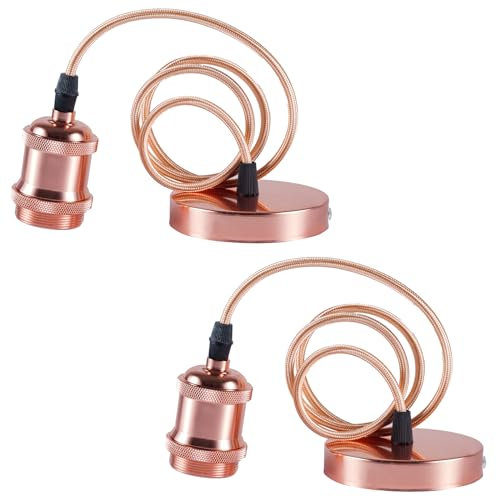 Sevenpers E27 Ceiling Pendant Light Fitting, 2 Pack Rose Gold Vintage Style Ceiling Rose Light Fitting with Lamp Holder Braided Cable Pendant Light Kit (with Ground Wire)