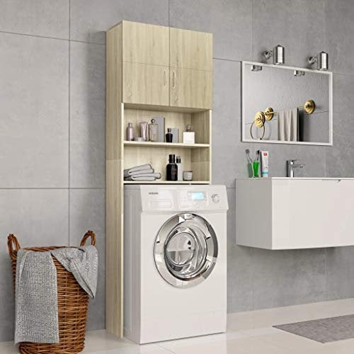 homiuse Waschmaschinenschrank Sonoma-Eiche 64x25,5x190 cm Holzwerkstoff Waschmaschinenüberbauschrank Badschrank Waschküche Möbel mit 2 Türen 2 Offenen Fächern Platzsparendes Modisches Design