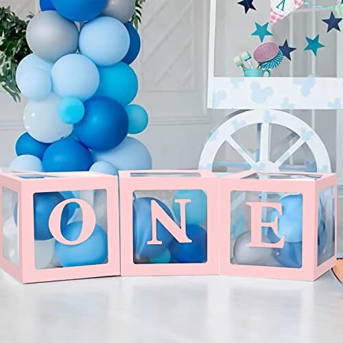 Geburtstagsfeier Dekorations Rosa Luftballon Boxen für Jungen Mädchen, 3Pcs Babyparty Boxen Dekorations mit Buchstaben ONE, Transparente Ballon Box für Babyparty, Geburtstag Party Hintergrund Deko