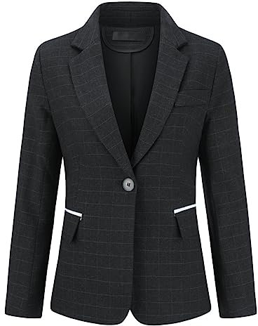 YYNUDA Blazer à Carreaux Femme Costume Un Bouton Slim Veste Poches Revers Cranté Tailleur daffaires décontracté,Noir,XL