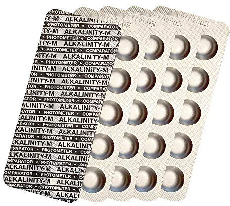 harren24 Pastillas de prueba para fotómetros DPD 1 Cloro, DPD3, DPD4 Oxígeno Activo, Alcalinidad M, CYA, Rojo Fenol Valor en pH Comprobador de agua de piscina 50/100/250/500x (Alkalinity M / 50x)