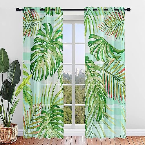 Hiseng Voile Vorhänge mit Ösen Durchsichtig Halbtransparent Ösenvorhang für Fenster Wohnzimmer Schlafzimmer Nordisch Blätter Pflanze Moderne Transparent Gardine 2er Set (140x160cm,Grüne Streifen)