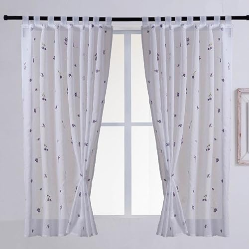 Cortina Cocina 140x180cm Blanca Traslúcida con Bordados para Ventana Corta, Visillos 100% Poliéster Cortos Translúcida para Ventanas y Marco de Puerta - Flor Morado