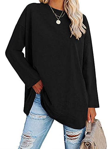 Ebifin Oversized T Shirts Women Long Tops Long Sleeve T Shirt Crewneck Tunic Tops Bluse Sweatshirts.Black.M