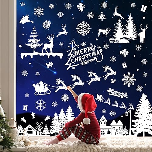 Fensterbilder Weihnachten Selbstklebend, 9 Weihnachtsdeko Fenster Deko Weihnachts Fensterbilder Fensterdeko Schneeflocken Fensteraufkleber, Fenstersticker Weihnachten Statisch Weihnachtsfenster Bilder