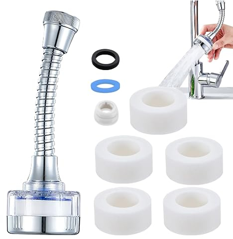 Wasserfilter für Wasserhahn, Wasserhahn Verlängerung, 360° Wasserhahn Filter, Wasserhahnfilter mit 5 PP-Baumwollfilterelement, Wasserhahn Entkalker Aufsatz für Küche Badezimmer
