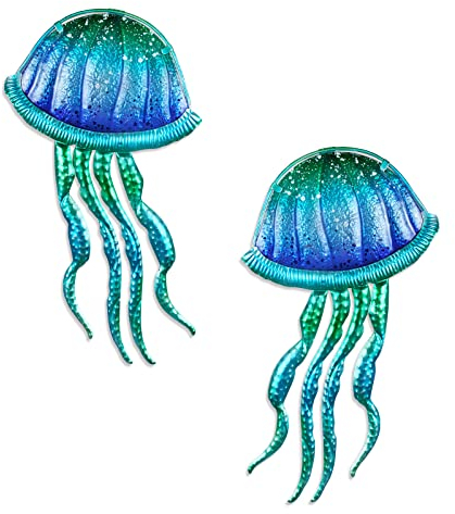 Liffy Metall Seepferdchen Wanddekoration Ozean Glas Kunst im Freien hängen Strand Dekoration blau Meer Leben Skulptur für Terrasse, Veranda, Zaun, Badezimmer (Quallen-2)