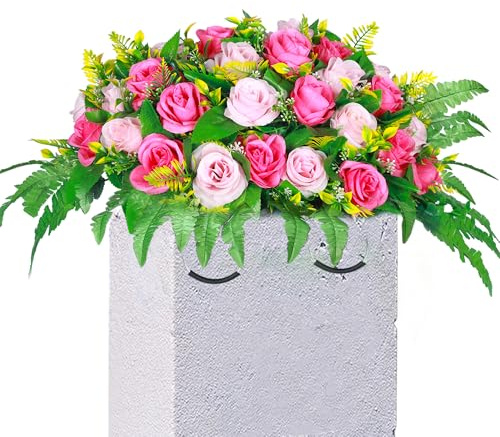 Lodou Flores artificiales de cementerio, arreglo floral de seda artificial, ramo de rosas artificiales para tumba, flores conmemorativas con lápida para decoración de lápidas de cementerio (1, rosa y