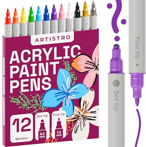 Artistro 12 Feutres de peinture acrylique, stylos de dessin ensemble d'art marqueurs de peinture acrylique à double pointe (fine 1 mm + point 5 mm) pour tissu, toile, roche, verre, bois, papier