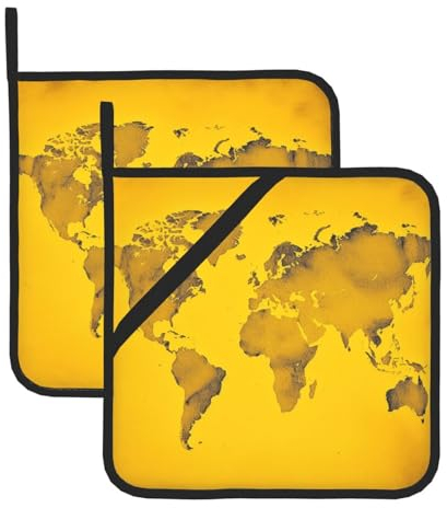 Set di 2 presine gialle con stampa di mappa del mondo, resistenti al calore, impermeabili, per microonde, forno, barbecue, 20,3 x 20,3 cm