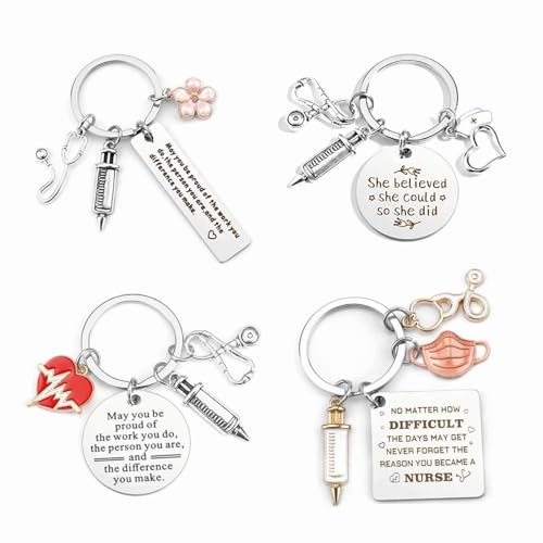 PIMXL 4 Pièces Infirmière Keychain Acier Inoxydable Avec Seringue, Capuchon d'Infirmière et Stéthoscope - Excellente Idée Cadeau pour Le Personnel Médical