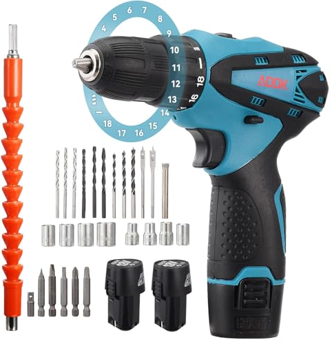 ADWOLT Akku Bohrmaschine,30 Stück Akkuschrauber Set,12V Akku Bohrschrauber 0-6Nm Drehmoment,18+2 Drehmomentstufen mit 2 x 1,5 AH-Akku,Akku Bohrmaschine mit LED-Licht,Für Reparatur & Haus DIY