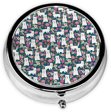 Weiße Hunde und Blumen Runde Pillendose Niedliche Kleine Pillendose Mini Pillendose Runde Metall Pillendose Reise Pillendose