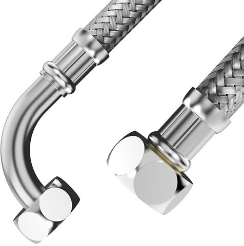 VARIOSAN Tuyau flexible 17680, 3/8 ÜWM x 3/8 ÜWM avec coude à 90°, 500 mm, gaine en acier inoxydable, certifié DVGW, eau potable, tuyau blindé flexible