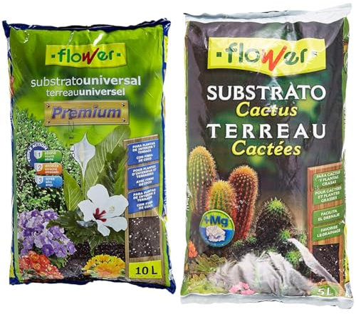 Flower - Substrato Universal Premium 10L, Ideal para Plantas de Interior, Exterior & Flower Substrato Cactus 5l, Marrón, 23 x 4 x 40 cm