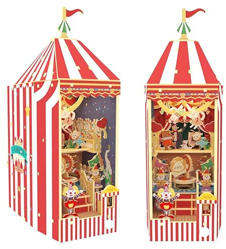Habarri Book Nook, DIY Miniaturhaus Bausatz, 3D Holzpuzzles Set, Bücherecke für Erwachsene, Häuser Modellbausätze mit LED Leuchten, Miniatur Puppenhäuser Haus - EIN lustiger Zirkus