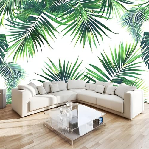 Lumière Colorée Papier Peint 3D Feuilles De Palmier De La Forêt Tropicale Intissé Fresque, Salon Chambre Décoration Murale, Design Contemporain Pour Intérieur Maison (Facile À Installer) 350 X 256 Cm