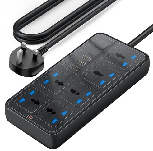 Extension Lead with 4 USB Slots, Durable Power Strip Surge Protector with 6 way plug extension Socket and 2M Extension cord for Home Office Travel - Black