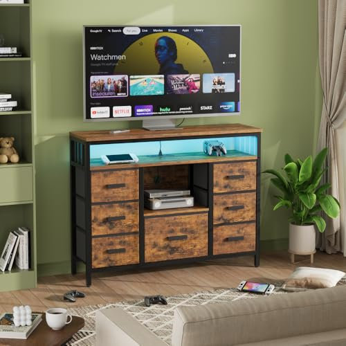 J-yaamiZz Mobile TV a 7 cassetti con prese di corrente e luci LED, centro intrattenimento con ripiano aperto, console multimediale per TV da 50 pollici, comò per camera da letto (marrone)