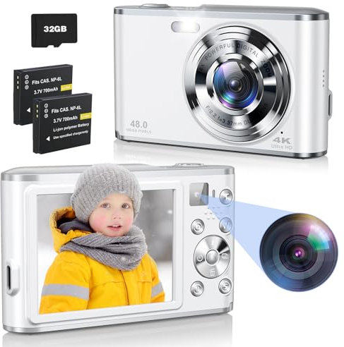 Digital Camera- Compact Camera 4K 48MP Autofocus Dual-Lens with 32GB SD Card, 2.8 Screen, 16X Zoom, 2 Batteries, Vlogging Selfie Camera for Kids & Beginners