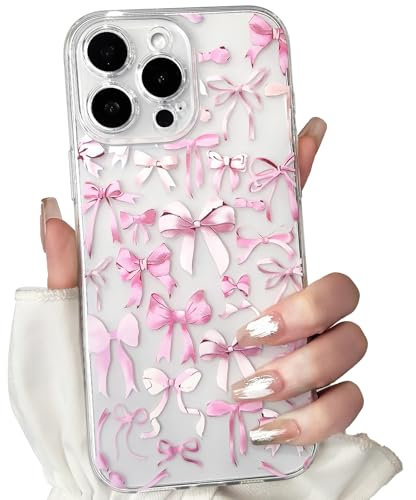 NITITOP Compatible with iPhone 15 Pro Max Case Cute Clear Bowknot Design for Women Girls Pink Bow Ribbon Soft Fit Slim Stylish Protective Phone Cover - Pink