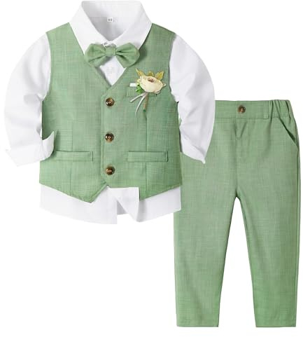 Volunboy Completo Elegante Bambino, Ragazzi Cerimonia Nozze Vestito 4 Pezzi Maniche Lunghe Camicie + Papillon + Gilet + Pantaloni