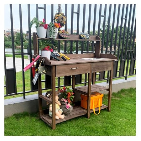 Outdoor Potting Bench，Garden Potting Benches for Outside, Horticulture Germination Table， Planting Work Bench Table Wooden Storage，for Patio, Garden, Greenhouse, Backyard(Brown)