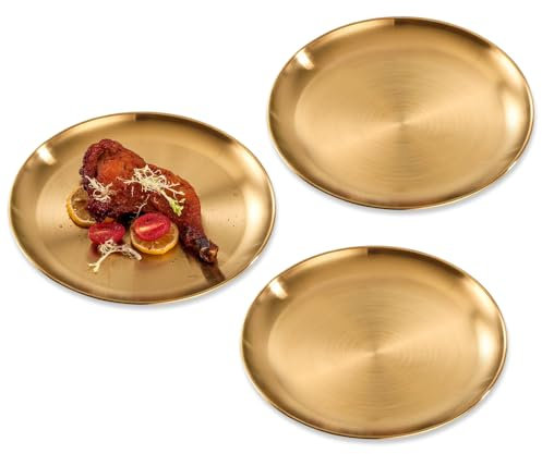 GIDWRIY 3 Pcs Dekoteller Goldener Rund 17 cm,Kerzenteller Gold Tablett Edelstahl,Dekotablett Goldfarben,Platzteller Metall,Servierplatte Kaffeetablett Gold Serviertablett,Deko Teller für Adventskranz