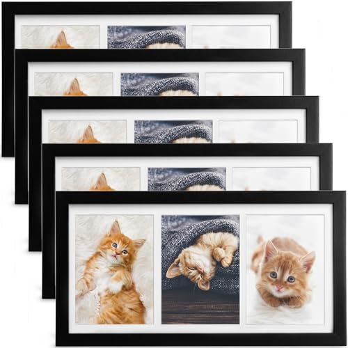 bomoe 5x Bilderrahmen Collage für 3 Fotos 10x15 cm – Fotorahmen Collage aus Holz, Kunststoffglas, Metall-Aufhängung & Passepartout Multirahmen für Bilderrahmen Set – Bilderrahmen 10x15 Schwarz Galeria
