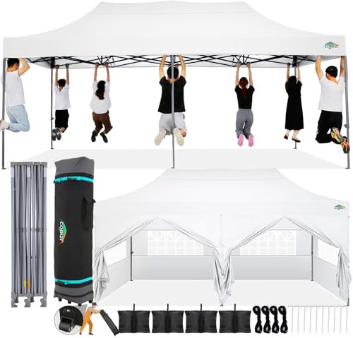 COBIZI Faltpavillon 3x6 Wasserdicht Stabil Winterfest mit Seitenwand,Pop Up Pavillon Partyzelt,Sonnenschutz Gartenpavillon,Pavillon Faltbar mit Tasche mit Rollen(3 mal 6m Weiss)