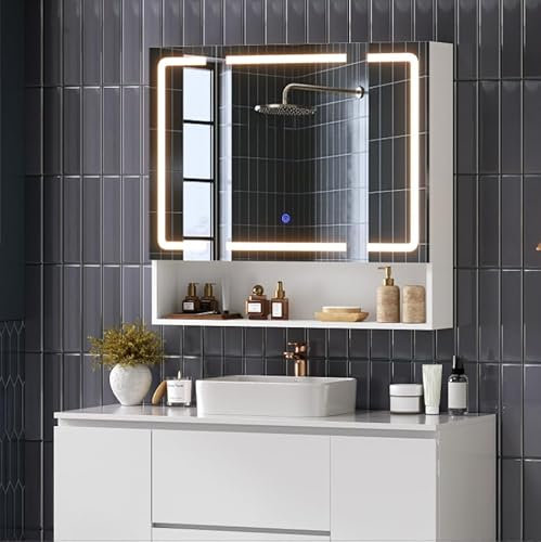 Armoire à miroir de salle de bain avec éclairage et prise, 3 portes, compartiment ouvert, étagères réglables, 3 températures de couleur à intensité variable, interrupteur à capteur tactile