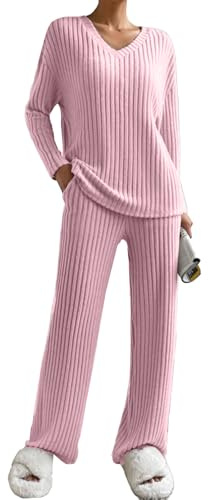 JENJON Femme Ensemble de Costume 2 Pièces Manches Longue Tricot Côtelé Pantalon Droit Survêtement Col en V Automne Hiver