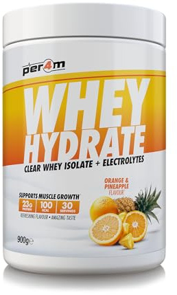Per4m Whey Hydrate | 23g Whey Isolate & Aquamin Electrolytes | Muscle Growth & Hydration | Clear, Refreshing & Low in Sugar | 30 Serving (900g, Orange & Pineapple)