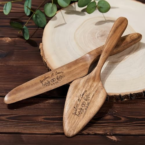 MEIEG Individuelles Hochzeitstortenmesser- Und -Heber-Set Mit Eingraviertem Namen, Tortenschneideset Aus Holz für Die Hochzeit, Personalisierte Ausstecher-Geschenke für Geburtstage Und Jubiläen