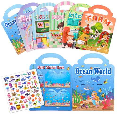 6 Pack Reusable Sticker Book, 3D Puffy Stickers Book for Kids | Educational Learning Toy for Age 3 4 5 Year Old Kids Boys Girls