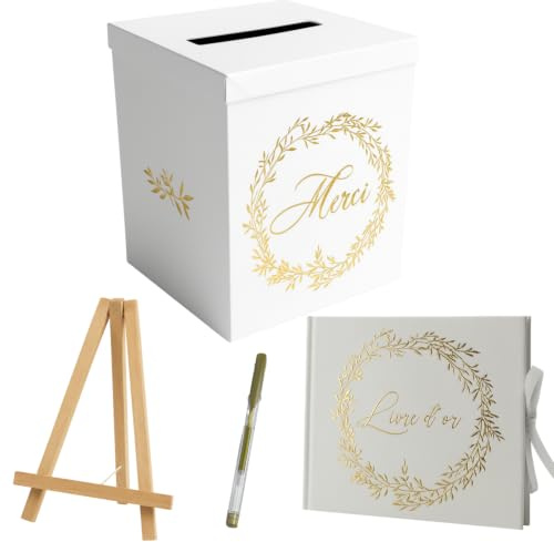 Un Jour En Or - Pack Signature Blanc et Or : 4 éléments (Urne Merci, Livre d’or, Stylo encre doré, Chevalet en bois) pour mariage, baptême, anniversaire, départ en retraite et toutes célébrations