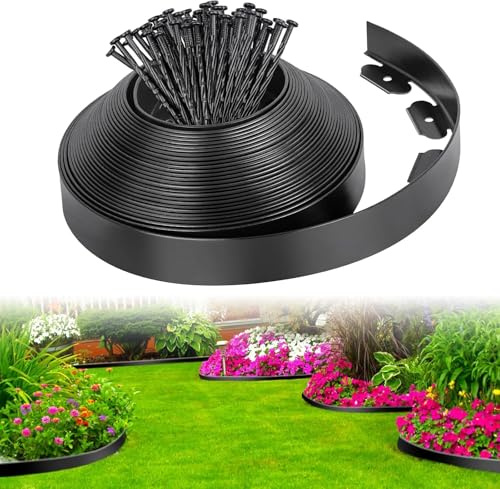 Omdekor Flexible Rasenumrandung aus Kunststoff, 15 m x 10cm Höhe Schwarz Garden Edging Boarder, mit 75 Erdanker, Beet Begrenzung Zum Set für Randleisten Garten Beetumrandung