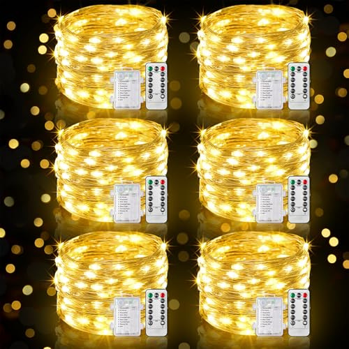 GEARLITE Lichterkette Außen Batterie, 6x10M 100 LED Mini Lichterkette mit Batterien Fernbedienung Timer Warmweiß, 8 Modi Kleine Lichterketten Innen Wasserdicht für Party Deko, Weihnachtsdeko, Balkon