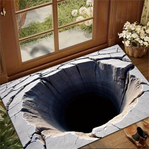 boiszeda 3D Effekt Teppich Optische Täuschung Loch Im Boden mit Einzigartiges Design Stilvolle Kreative Fußmatte Waschbar Loch Teppich 3D Fußmatte für den Innen und Außenbereich