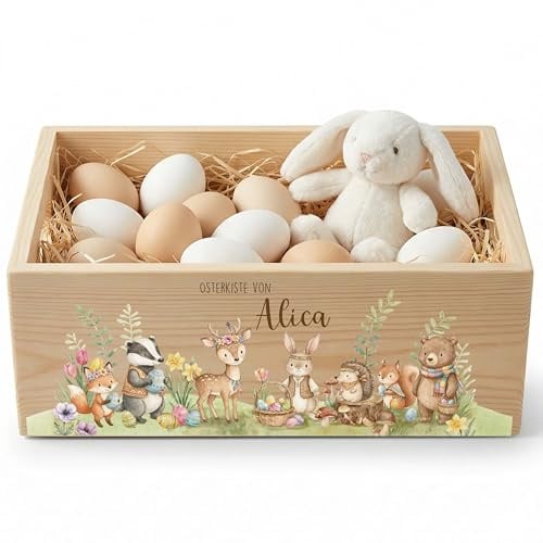 Kidsmood - Personalisierte Holzkiste mit Namen – Aufbewahrungskorb zu Ostern für Kinder, aus Holz & kindgerecht für Osterdeko & Ostergeschenke mit bezaubernden Waldtieren (40x30x13)