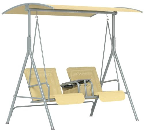 Outsunny 2 Seater Garden Swing Chair Patio Rocking Bench w/Tilting Canopy, Double Padded Seats, Storage Bag and Tray, Beige