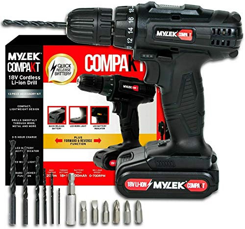 MYLEK MYCCB1 18V Cordless Drill Driver Lithium Ion Powerful Battery Electric Screwdriver Set, 18 Volts, 13pce Accessories Kit, Black (18V 1 Speed)
