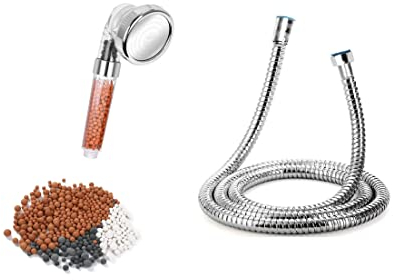 Alcachofa de ducha con manguera de 1,5 m, filtro iónico, cabezal de ducha de mano, 200 % de alta presión, 30 % de ahorro de agua, para piel seca y cabello, 3 modos