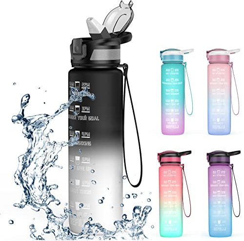 1L Water Bottle with Straw, Tritan BPA Free Sports Bottle Leakproof, Reuseable Drinking Bottles with Time Marker and Strap, Durable Drink Bottles for Gym, Sports, Outdoor, Cycling- Black/White